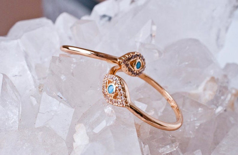 Solid Gold Ring Evil Eye Stacking Ring Minimalist Dainty Diamond Birthday Gift For Her Amulet Third Eye Protection Turquoise Hamsa Stackable image 6