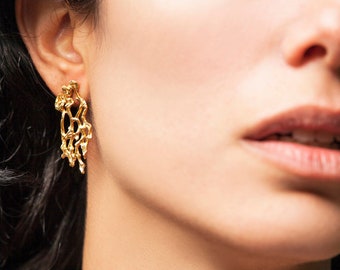Gold Organic Earrings - Perforated Studs - Gold Stud Earrings - Ether Earrings