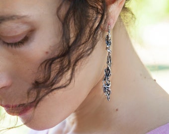 Entangled Twig Earrings - Long Silver Earrings - Drop Earrings -Silver Stud Earrings -  Modern Jewelry - Gift for her