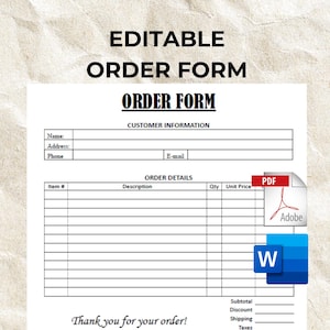May include: Editable order form template with sections for customer information, order details, delivery method, and payment method. The form includes fields for name, address, phone, email, item number, description, quantity, unit price, subtotal, discount, shipping, taxes, and total. The form also includes checkboxes for delivery method and payment method.