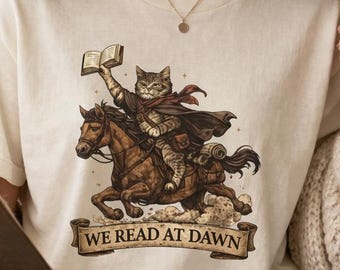 We Read At Dawn Shirt, Fantasy Book Lover T-Shirt, Romantasy Reader Gift, Bookish Cat Shirt, Dark Academia Apparel, Dragon Rider Aesthetic