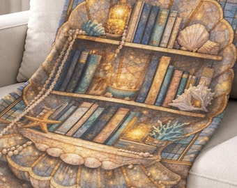 Seashell Bookshelf Blanket, Coastal Reader Throw, Beachy Book Lover Gift, Ocean Library Decor, Minky Reading Blanket
