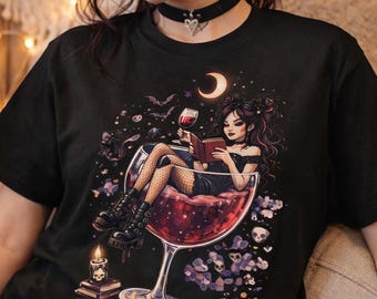 Goth Girl Reading Wine Shirt, Dark Academia Book Lover Tee, Spooky Cute Reader Shirt, Bookish Witch Aesthetic Tee