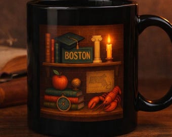 Boston Book Lover Mug, Cozy Library Aesthetic Mug, Dark Academia Coffee Cup, Literary Gift for Reader