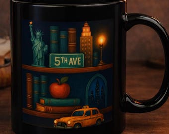 New York Book Lover Mug, NYC Library Aesthetic Mug, Dark Academia Coffee Cup, Literary Gift for Reader