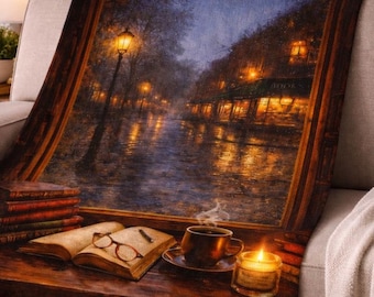 Rainy Bookstore Blanket, Cozy Reader Blanket, Book Lover Gift, Reading Nook Throw, Literary Aesthetic Blanket, Minky Plush Blanket