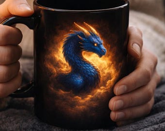 Dragon Mug, Fantasy Coffee Mug, Blue Dragon Fire Mug, Book Lover Gift, Dark Academia Mug, Fantasy Gift for Reader