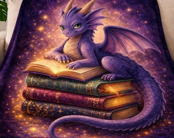 Fantasy Dragon Reading Blanket, Bookish Cozy Minky Throw, Purple Dragon Book Lover Gift, Teen Reader Blanket, Fantasy Bedroom Decor