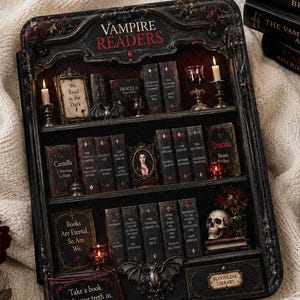 May include: A black, rectangular, three-tiered miniature bookshelf titled Vampire Readers, featuring tiny books, a skull, candles, and bat motifs. Text includes "We Read in the Dark," "Books Are Eternal, So Are We," "Take a book. Sink your teeth in," and "Bloodline Library."