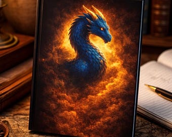 Dragon Journal, Fantasy Hardcover Notebook, Blue Dragon Fire Cover, Writer Gift, Book Lover Journal, Dark Academia Notebook
