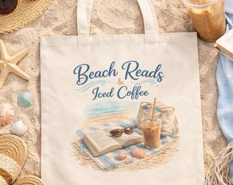 Bookish Beach Tote Bag, Beach Reads Tote, Iced Coffee Tote, Summer Book Lover Bag, Library Tote, Vacation Beach Bag, Reader Gift