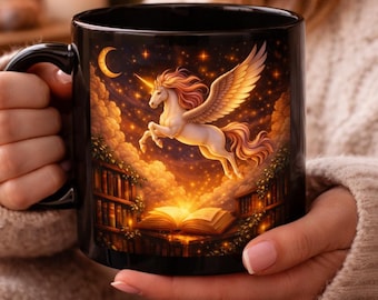 Taza de fantasía con unicornio y pegaso, taza mágica para la biblioteca de lectura, regalo para amantes de los libros.