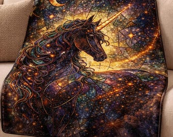 Stained Glass Unicorn Blanket, Celestial Fantasy Throw, Black Unicorn Decor, Magical Gift for Readers, Cozy Minky Blanket