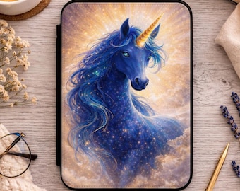 Funda para Kindle con diseño de unicornio azul, cubierta de fantasía para lector electrónico, regalo para amantes de los libros, estética mágica para lectores, acogedora funda de fantasía para Kindle.