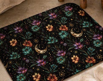 Celestial Floral Bath Mat, Moon and Stars Bathroom Rug, Dark Boho Bathroom Decor, Non Slip Bath Rug, Botanical Bath Mat