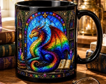 Rainbow Dragon Mug, Stained Glass Dragon Coffee Mug, Fantasy Dragon Gift, Colorful Gothic Mug, Dragon Lover Cup, Fantasy Reader Gift