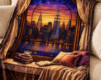 Stained Glass NYC Blanket, Cozy Reading Nook Blanket, Book Lover Gift, City Skyline Throw, Aesthetic Minky Blanket, New York Decor