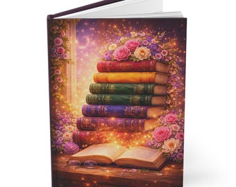 Fantasy Book Lover Journal, Magical Reader Notebook, Floral Book Stack Journal, Cozy Reader Gift, Hardcover Writing Journal