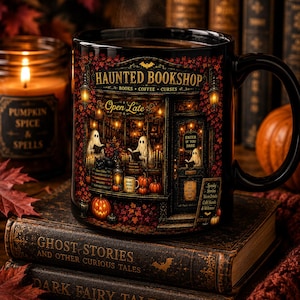 Haunted Bookshop Black Mug, Halloween Coffee Mug, Book Lover Gift, Dark Academia Mug, Spooky Reader Mug, Ghost Bookshop Cup, 11oz 15oz