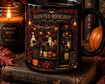 Haunted Bookshop Black Mug, Halloween Coffee Mug, Book Lover Gift, Dark Academia Mug, Spooky Reader Mug, Ghost Bookshop Cup, 11oz 15oz