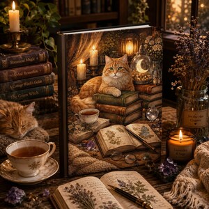 May include: A hardcover book featuring an illustration of an orange tabby cat resting on a stack of books next to a glowing moon lantern, candles, and an open book with botanical sketches. The cover art includes a teacup, crystals, and spectacles.
