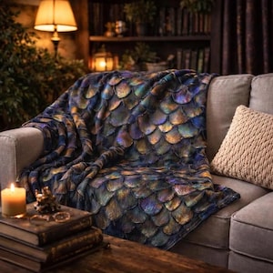May include: A plush throw blanket featuring a repeating iridescent scale pattern in shades of deep blue, purple, and metallic gold. The fabric has a textured, layered appearance resembling dragon or mermaid scales, draped over a neutral sofa.