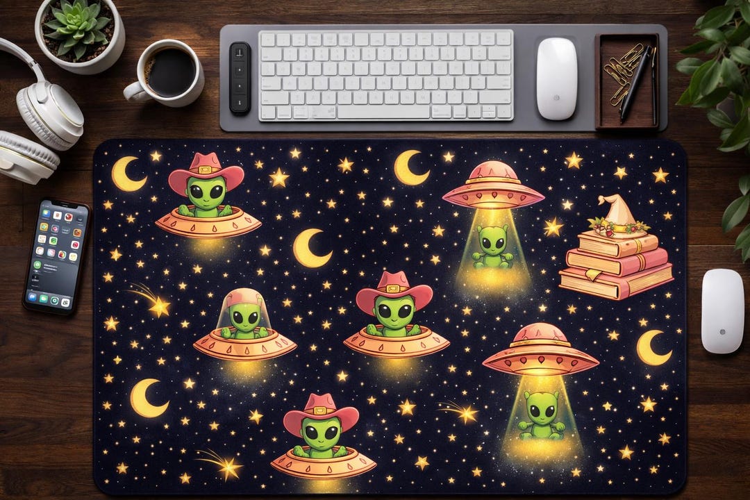Alien Desk Feature Alien Cowgirl Desk Mat, Cute UFO Mouse Pad, Aesthetic Space Desk Setup ...