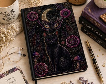Black Cat Moon Journal, Gothic Floral Notebook, Dark Academia Journal, Witchy Cat Diary, Celestial Moth Notebook, Aesthetic Writing Journal