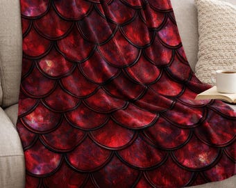 Dragon Scale Blanket, Red Fantasy Throw, Gothic Luxe Blanket, Dragon Lover Gift, Fantasy Decor, Cozy Minky Throw, Dark Aesthetic Blanket