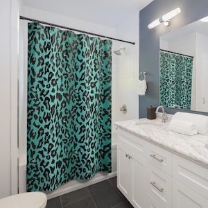 Leopard Print Shower Curtain - Stylish Teal and Black Bathroom Decor, Animal Print Bath Curtain, Jungle Theme Home Accessories,
