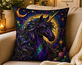 Cojín decorativo de unicornio, cojín de unicornio con vidrieras, decoración fantástica para el hogar, almohada de unicornio colorida, regalo mágico para decorar la habitación.