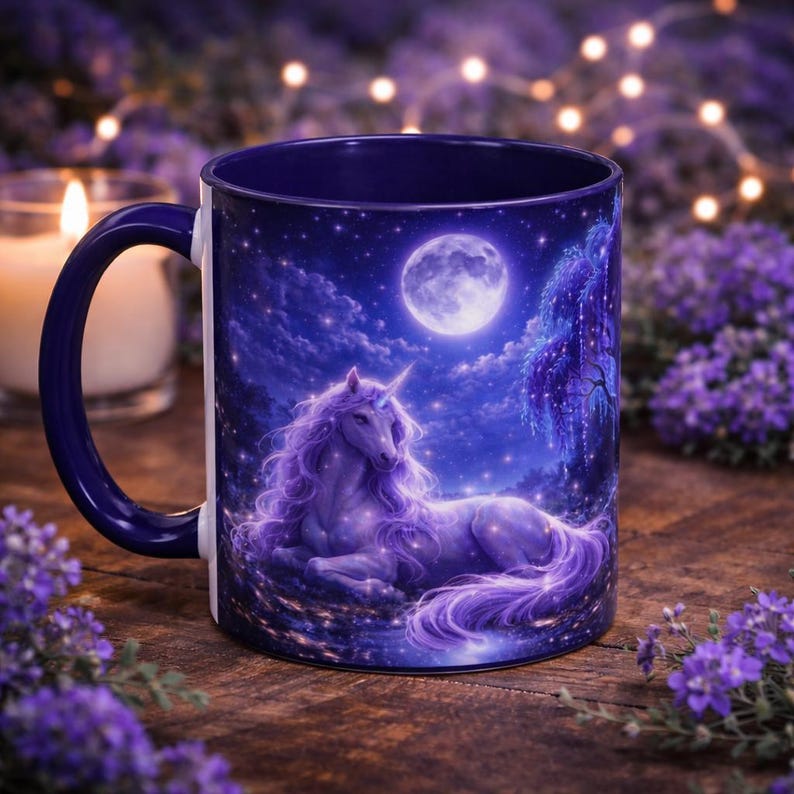 Taza de café de unicornio, taza de fantasía, taza de unicornio a la luz de la luna, regalo mágico para ella, taza para amantes de los libros, taza de bosque encantado, regalo acogedor para lectores. imagen 3