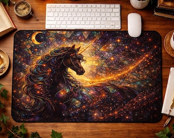 Stained Glass Unicorn Desk Mat, Celestial Fantasy Mouse Pad, Bookish Aesthetic Desk Decor, Dark Academia Gaming Mat