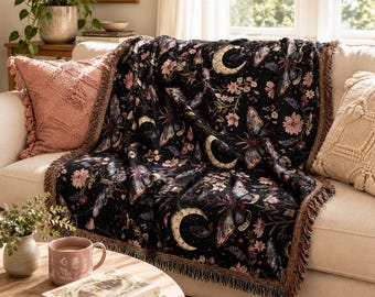 Celestial Moth Woven Blanket, Gothic Boho Fringe Throw