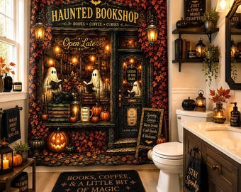 Haunted Bookshop Shower Curtain, Halloween Bathroom Decor, Book Lover Bathroom, Dark Academia Shower Curtain, Spooky Ghost Bath Decor