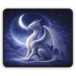 Dragon Blue Moon Mouse Pad, Dark Fantasy Desk Mat, Gothic Dragon Art, Bookish Gaming Mousepad