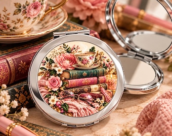 Book Lover Compact Mirror, Bookish Pocket Mirror, Cozy Reading Gift for Her, Floral Books and Tea Purse Mirror