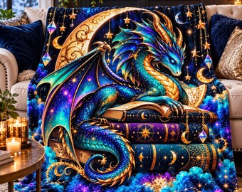 Celestial Dragon Blanket, Fantasy Book Lover Throw, Bookish Dragon Blanket, Magical Reader Gift