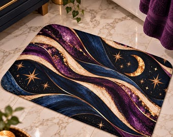 Celestial Moon Bath Mat, Navy Purple Starry Bathroom Rug, Mystical Galaxy Bathroom Decor