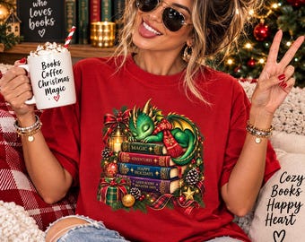 Christmas Book Dragon Shirt, Fantasy Reader Comfort Colors Tee, Book Lover Gift
