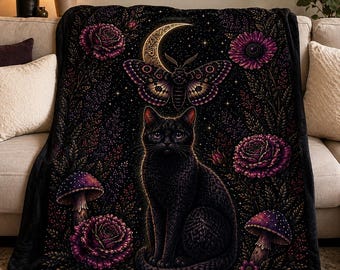 Black Cat Moon-deken, gotische bloemendeken, decor Dark Academia, Witchy Cat-cadeau, hemelse nachtvlinderdeken, gezellige pluche plaid