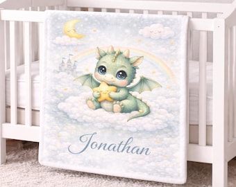 Personalized Baby Dragon Blanket, Custom Name Baby Blanket, Fantasy Nursery Blanket, Baby Shower Gift, Storybook Dragon Baby Gift