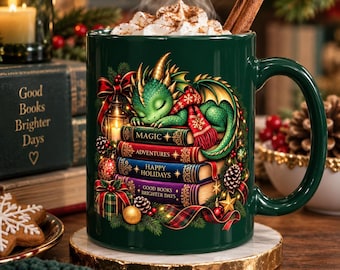 Christmas Dragon Mug, Fantasy Reader Mug, Book Lover Gift, Cozy Bookish Christmas Cup