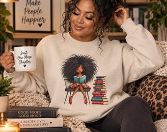 Black Girl Reading Sweatshirt, Book Lover Crewneck, Black Woman Bookish Gift, Cozy Reader Sweatshirt