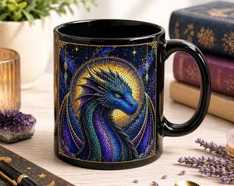 Taza de cerámica con diseño de dragón, ideal para amantes de los libros. Taza de café con diseño de dragón azul y morado de 325 ml.