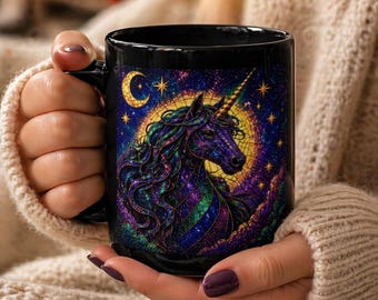Taza de unicornio con vidrieras, taza de café de unicornio de fantasía, taza de galaxia colorida, regalo mágico de unicornio, taza con estética acogedora