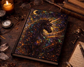 Stained Glass Unicorn Journal, Celestial Fantasy Notebook, Dark Academia Gift, Mystical Horse Writing Journal, Book Lover Gift