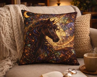 Stained Glass Unicorn Pillow, Fantasy Throw Pillow, Celestial Decor Cushion, Dark Academia Home Decor, Bookish Gift