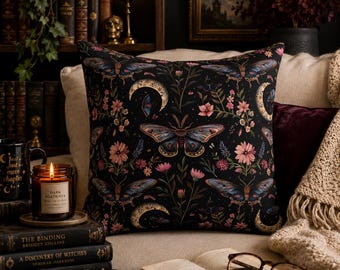 Dark Academia Moth Pillow, Gothic Floral Throw Pillow, Celestial Reading Nook Decor