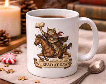 Mug We read at Dawn, Mug amateur de lecture, cadeau lecteur fantastique, tasse lecture drôle, tasse à café livresque confortable, museau chat lecteur